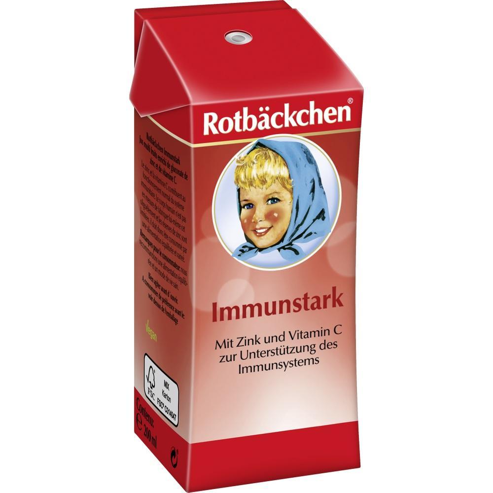 Rote Getränkekarton-Verpackung mit einem lächelnden Kindergesicht und der Aufschrift "Immunstark".